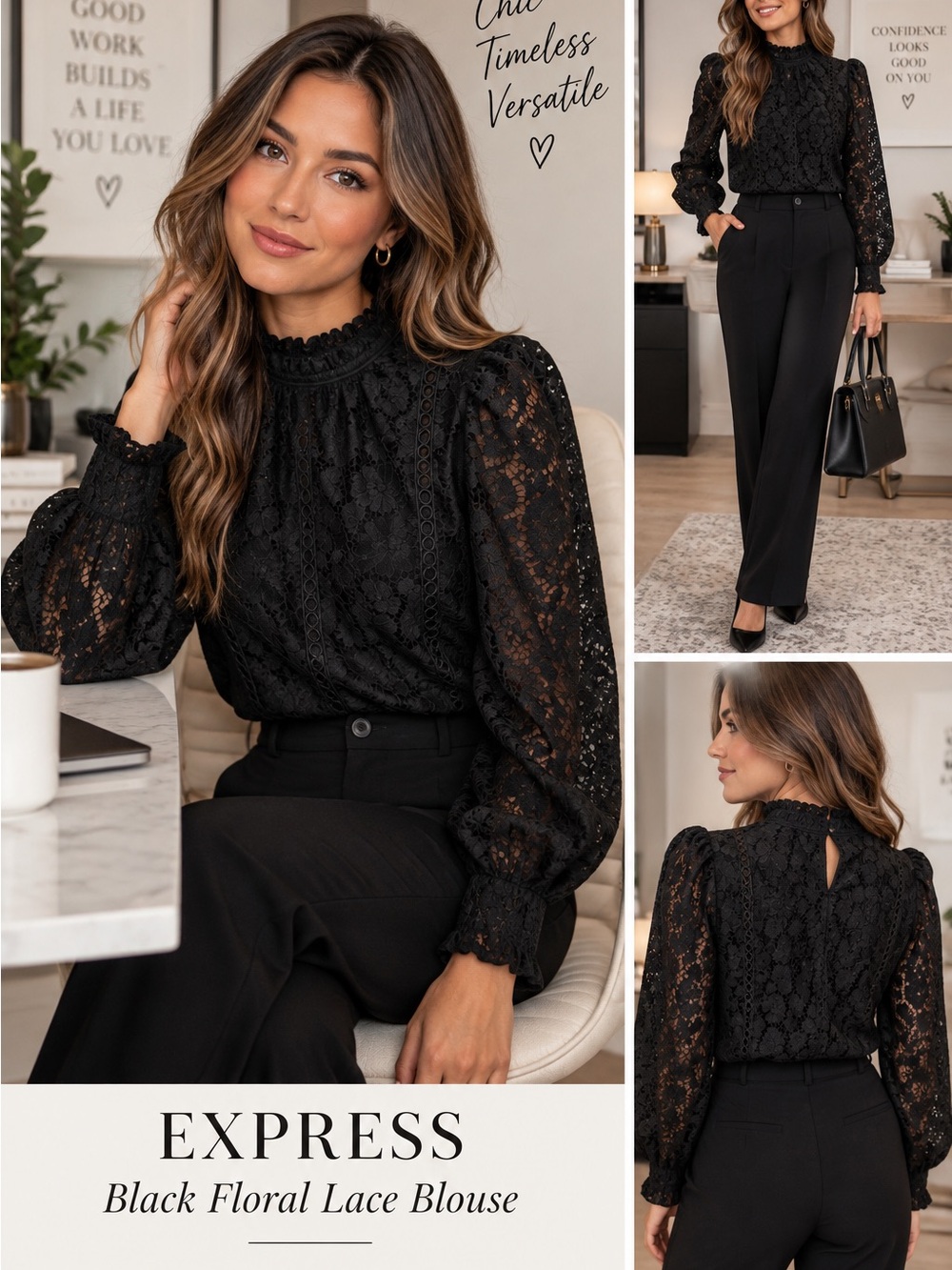 Black Floral Lace Blouse Ruffled High Neck Long Sleeve